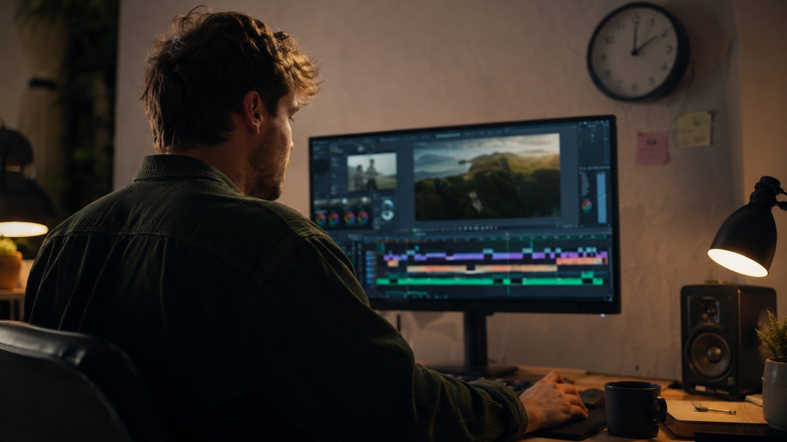 Videoschnitt am Rechner mit Timeline auf dem Monitor
